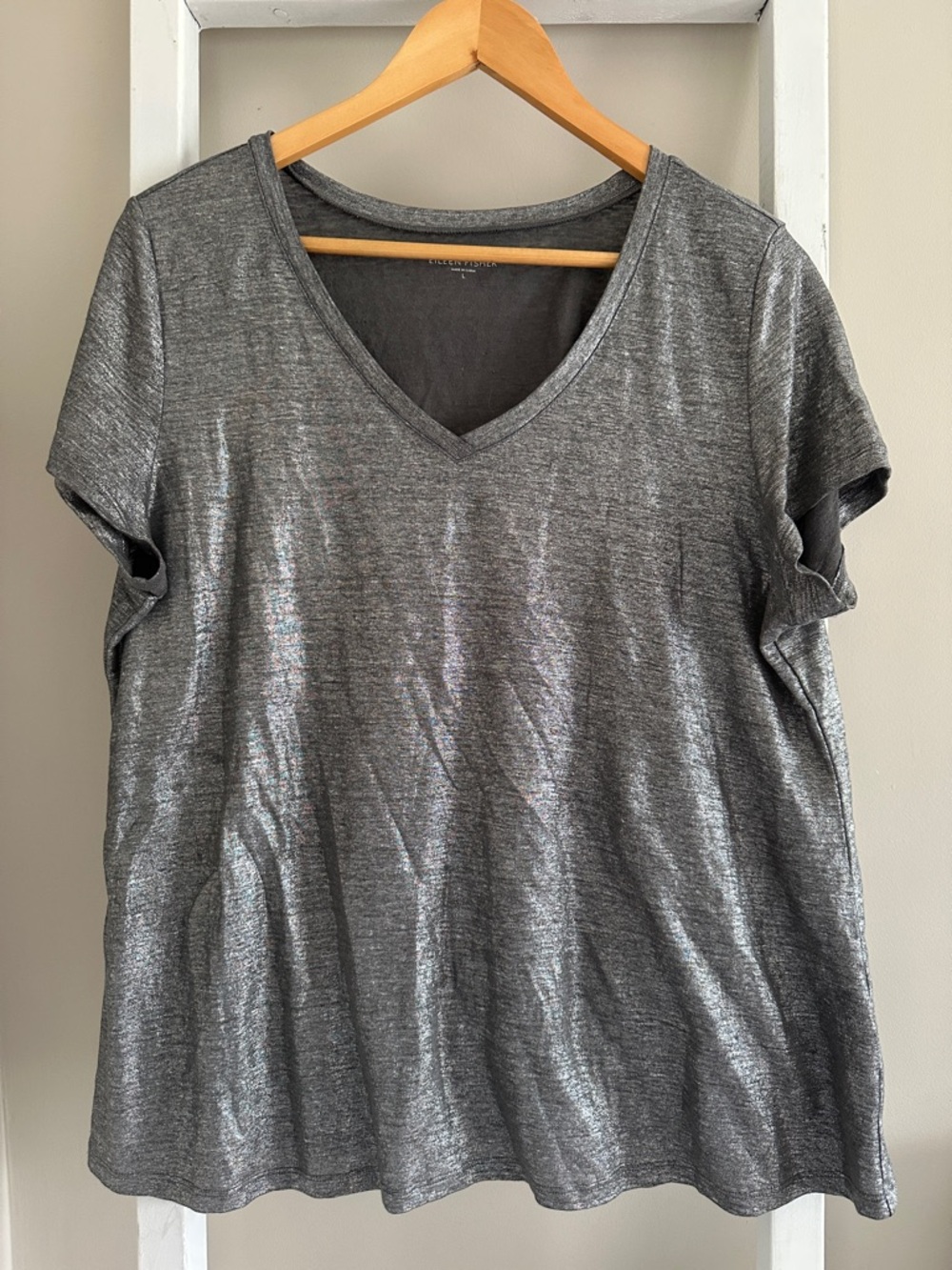 Eileen Fisher V-Neck Organic Linen Metallic Shimmer Tee / T-shirt